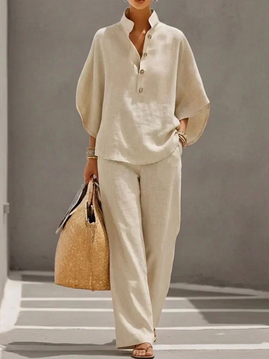 Maribel™ | Traje de lino con mangas murciélago